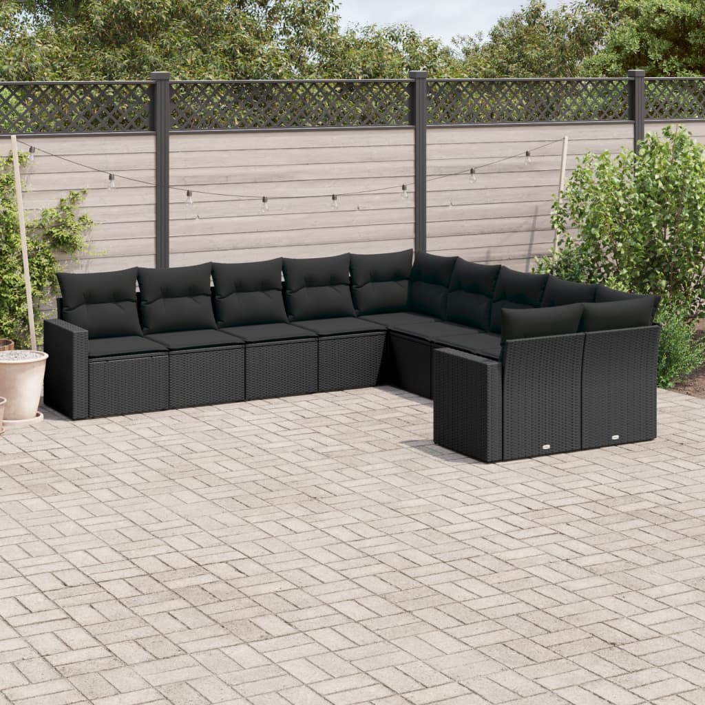 JUNG Vida 10-tlg. Garten-Sofagarnitur mit Kissen Schwarz Poly Rattan