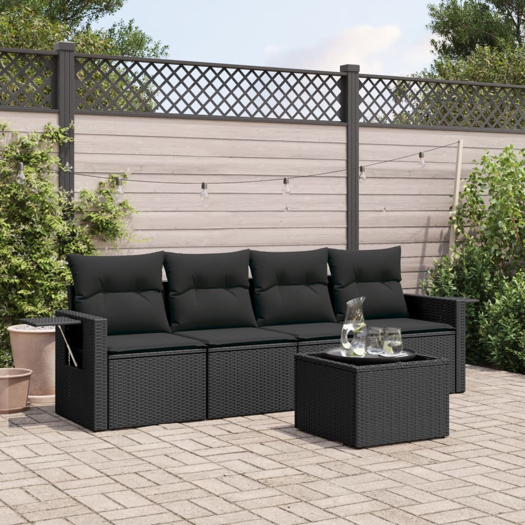 JUNG Vida 5-tlg. Garten-Sofagarnitur mit Kissen Schwarz Poly Rattan