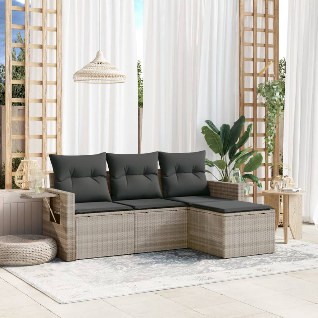 JUNG Vida 4-tlg. Garten-Sofagarnitur mit Kissen Hellgrau Poly Rattan