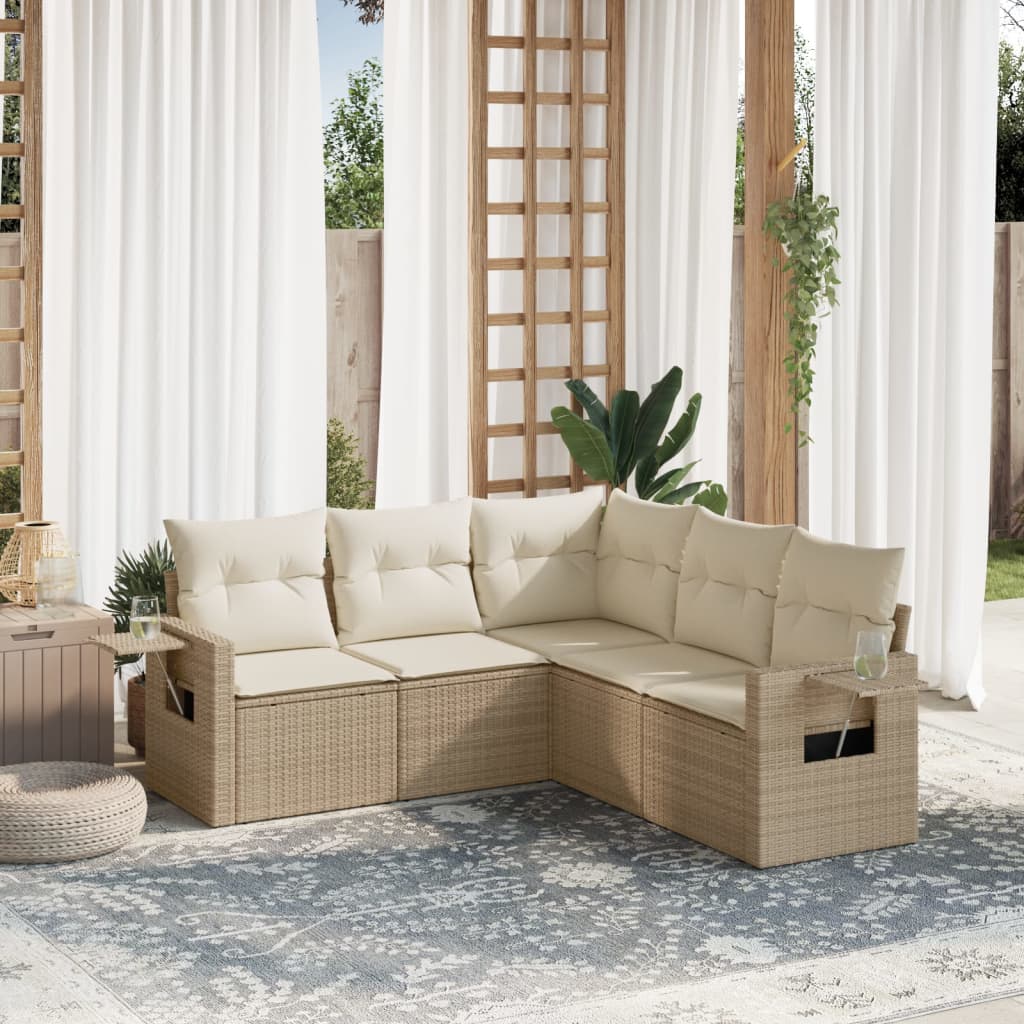 JUNG Vida 5-tlg. Garten-Sofagarnitur mit Kissen Beige Poly Rattan