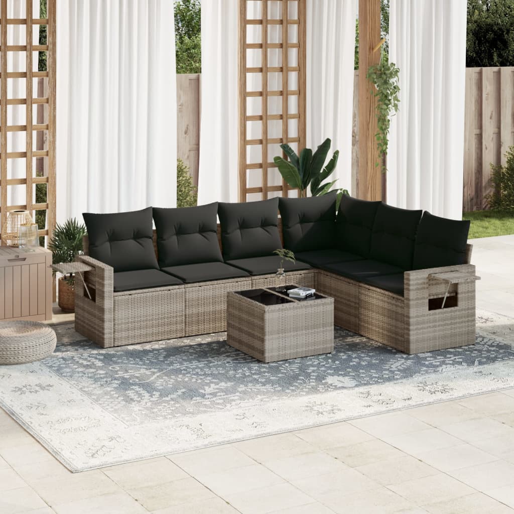 JUNG Vida 7-tlg. Garten-Sofagarnitur mit Kissen Hellgrau Poly Rattan