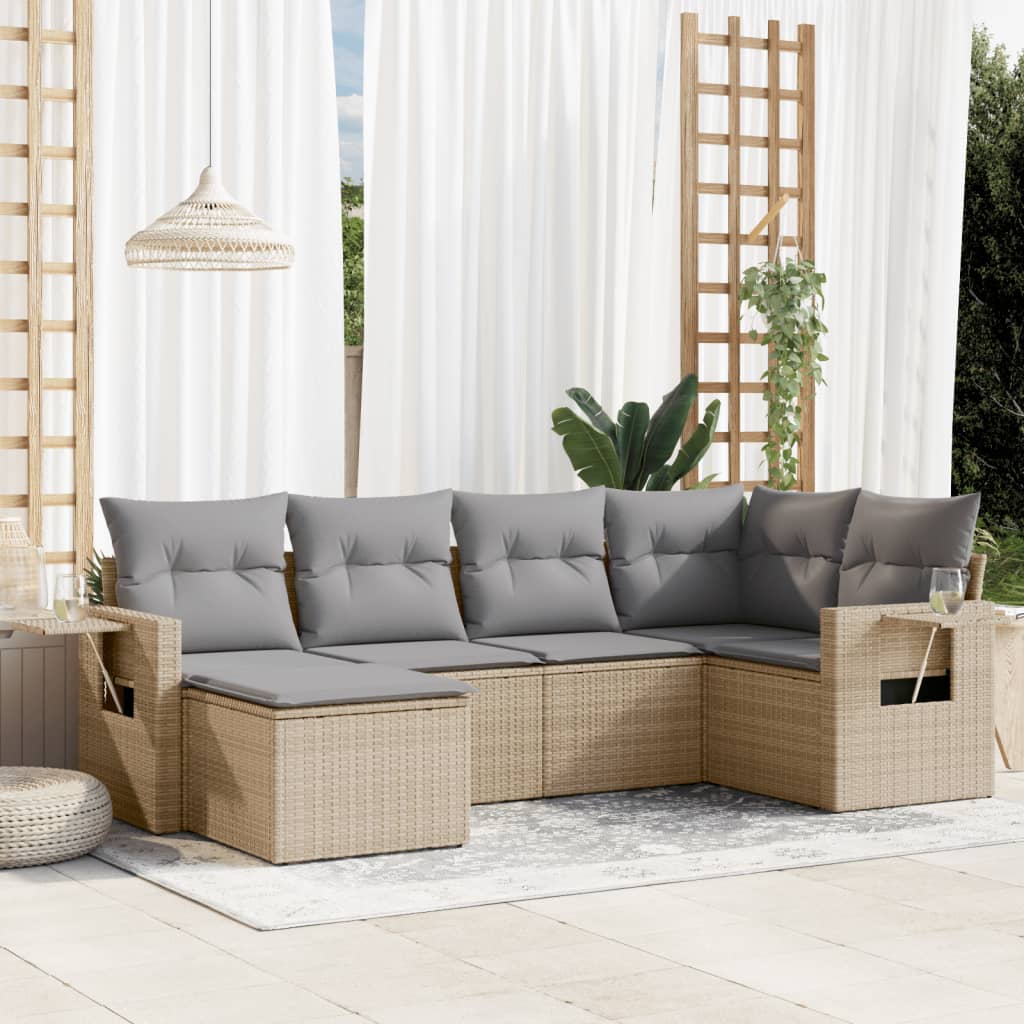 JUNG Vida 6-tlg. Garten-Sofagarnitur mit Kissen Beige Poly Rattan