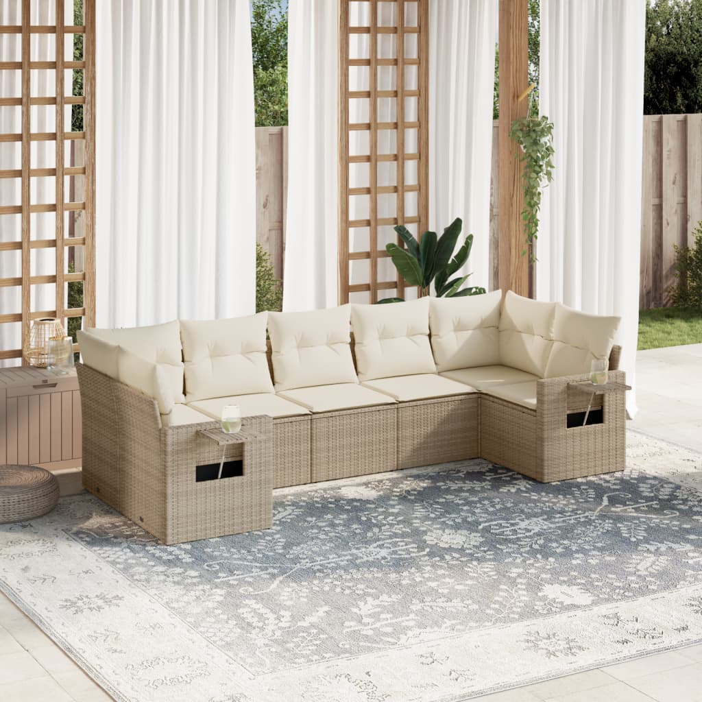 JUNG Vida 7-tlg. Garten-Sofagarnitur mit Kissen Beige Poly Rattan