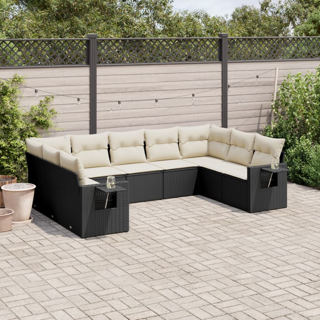JUNG Vida 9-tlg. Garten-Sofagarnitur mit Kissen Schwarz Poly Rattan