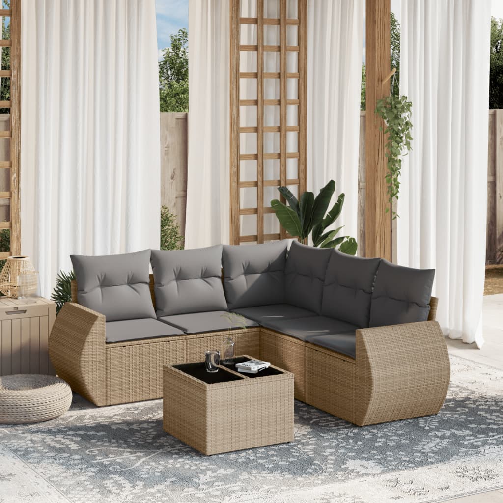 JUNG Vida 6-tlg. Garten-Sofagarnitur mit Kissen Beige Poly Rattan