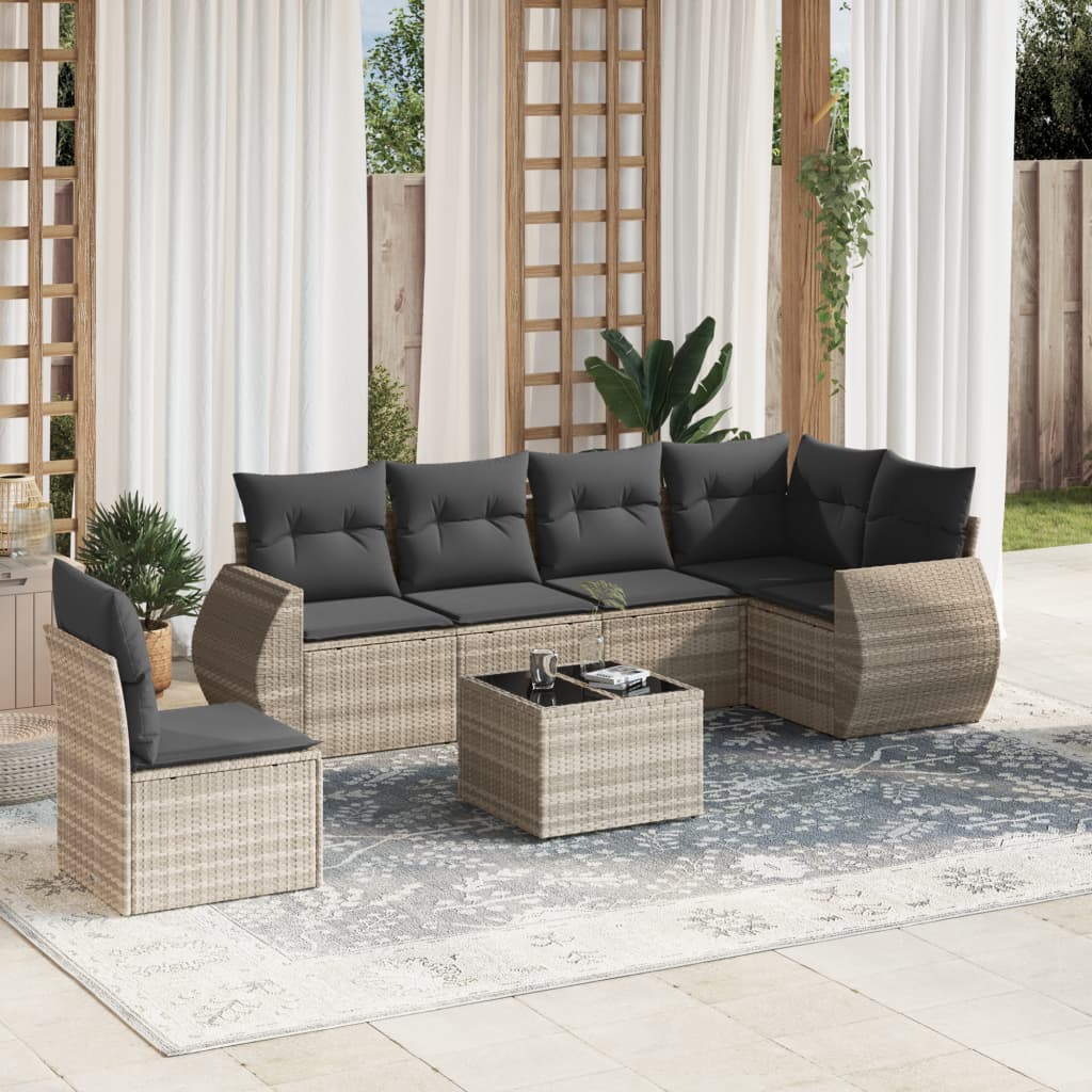 JUNG Vida 7-tlg. Garten-Sofagarnitur mit Kissen Hellgrau Poly Rattan