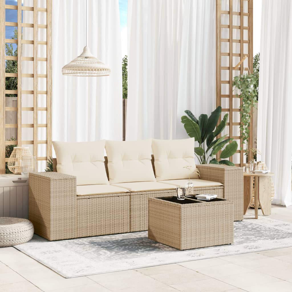 JUNG Vida 4-tlg. Garten-Sofagarnitur mit Kissen Beige Poly Rattan