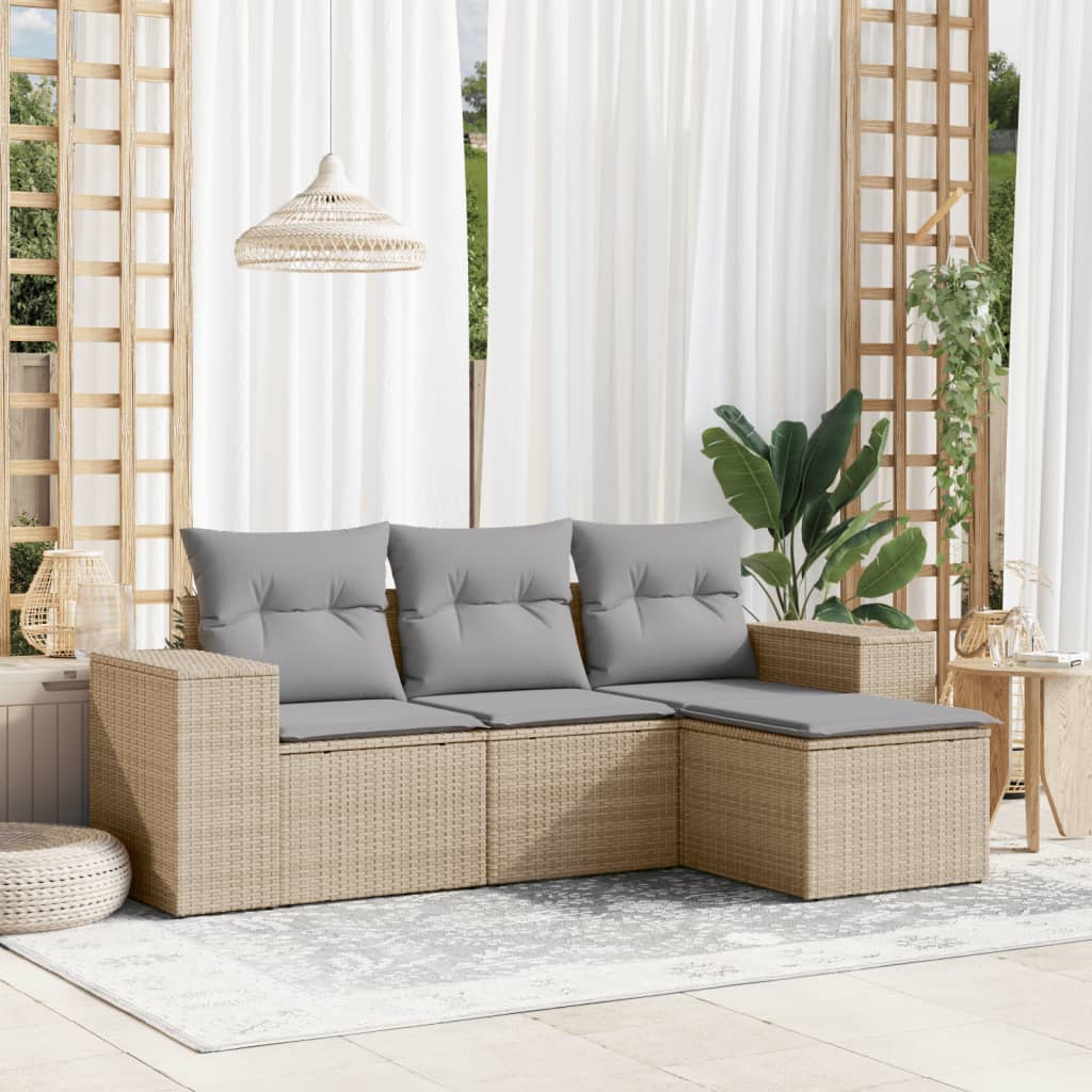 JUNG Vida 4-tlg. Garten-Sofagarnitur mit Kissen Beige Poly Rattan