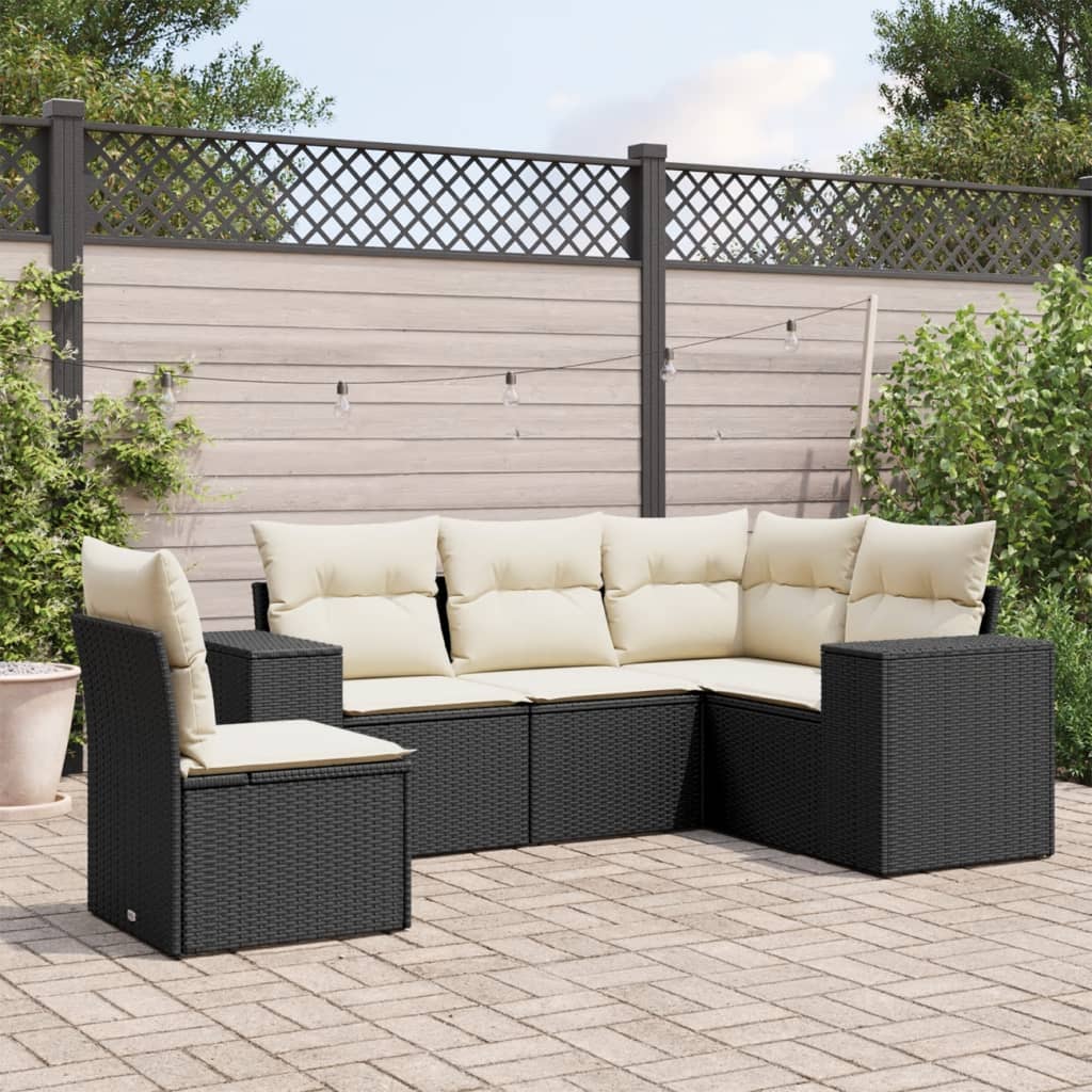 JUNG Vida 5-tlg. Garten-Sofagarnitur mit Kissen Schwarz Poly Rattan