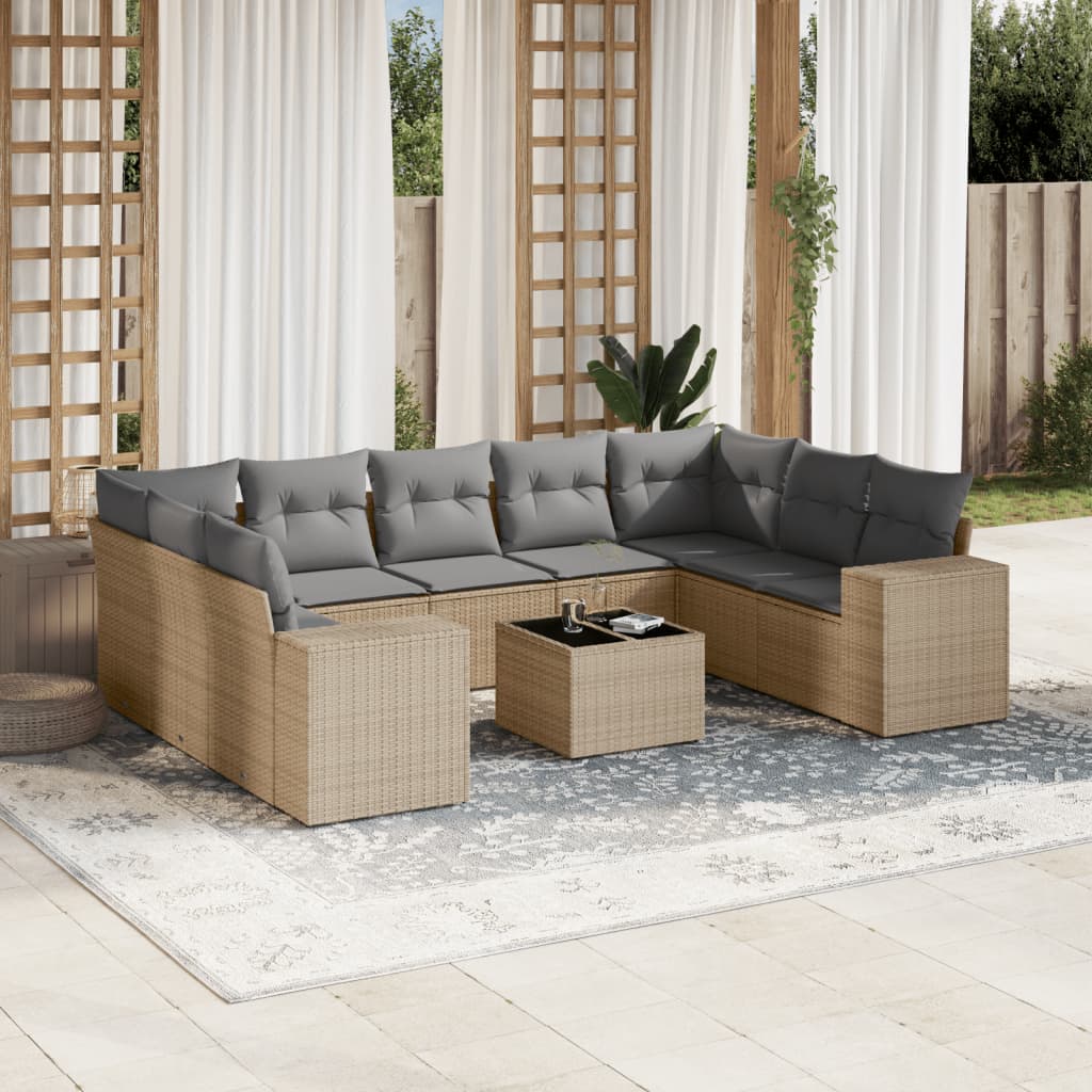 JUNG Vida 10-tlg. Garten-Sofagarnitur mit Kissen Beige Poly Rattan