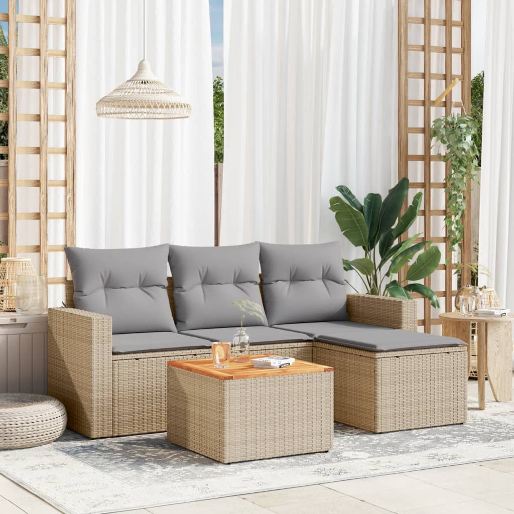 JUNG Vida 5-tlg. Garten-Sofagarnitur mit Kissen Beige Poly Rattan