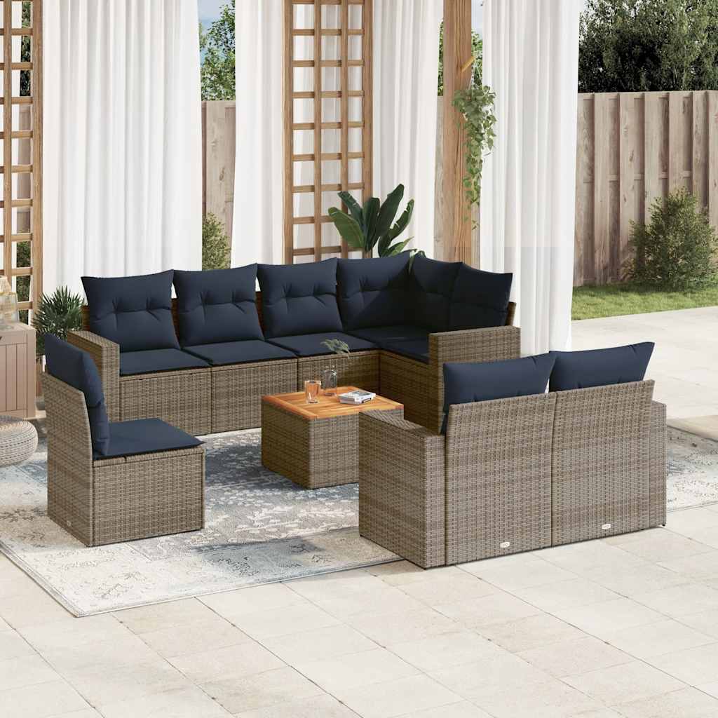JUNG Vida 9-tlg. Garten-Sofagarnitur mit Kissen Grau Poly Rattan