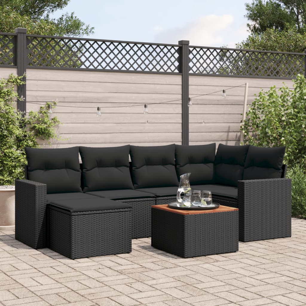 JUNG Vida 7-tlg. Garten-Sofagarnitur mit Kissen Schwarz Poly Rattan