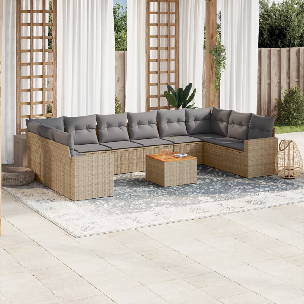 JUNG Vida 11-tlg. Garten-Sofagarnitur mit Kissen Beige Poly Rattan