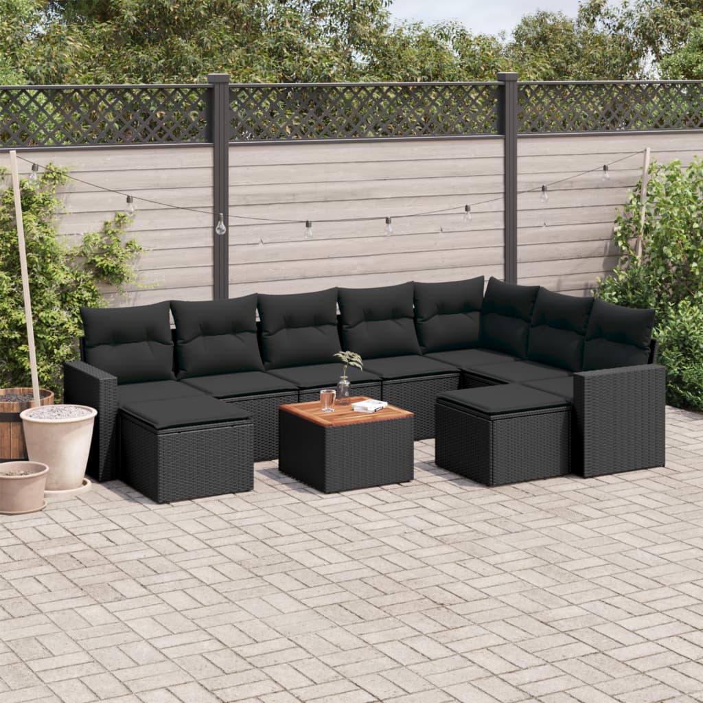 JUNG Vida 10-tlg. Garten-Sofagarnitur mit Kissen Schwarz Poly Rattan