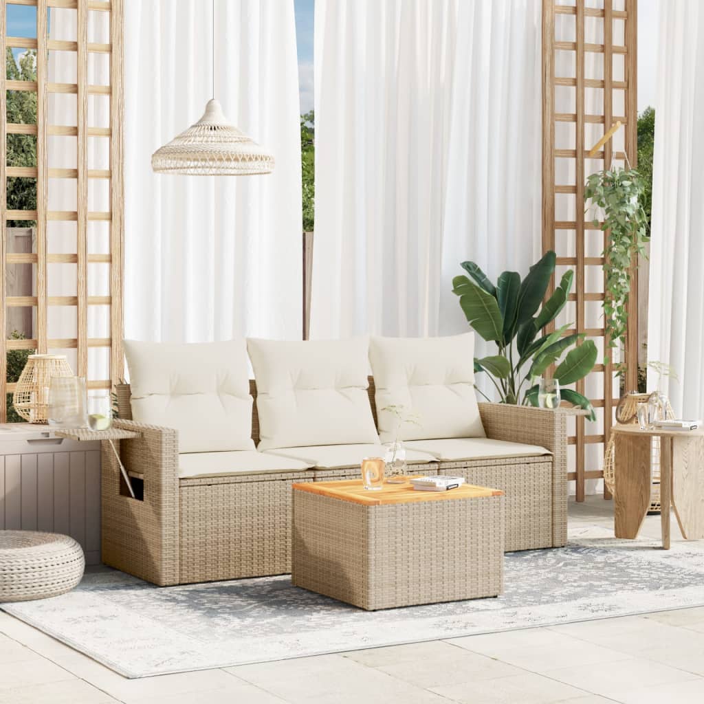 JUNG Vida 4-tlg. Garten-Sofagarnitur mit Kissen Beige Poly Rattan