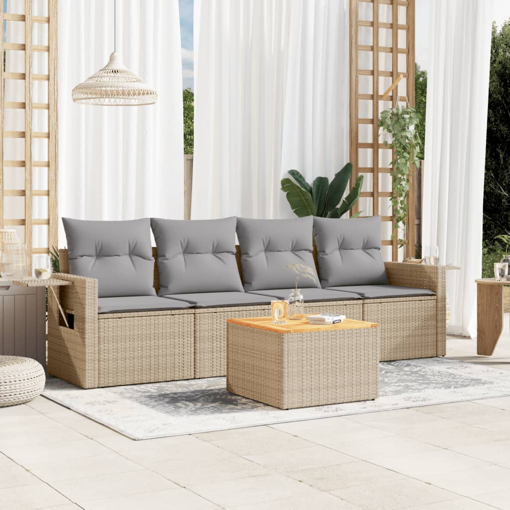 JUNG Vida 5-tlg. Garten-Sofagarnitur mit Kissen Beige Poly Rattan