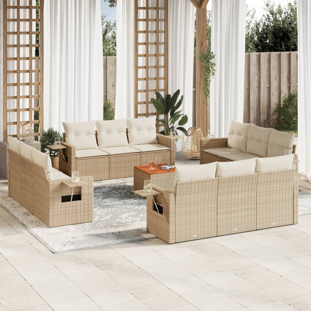 JUNG Vida 13-tlg. Garten-Sofagarnitur mit Kissen Beige Poly Rattan