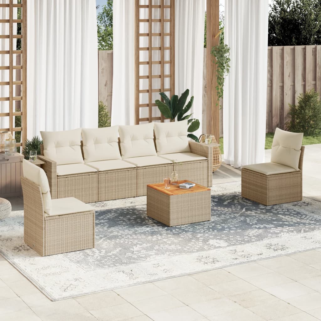 JUNG Vida 7-tlg. Garten-Sofagarnitur mit Kissen Beige Poly Rattan