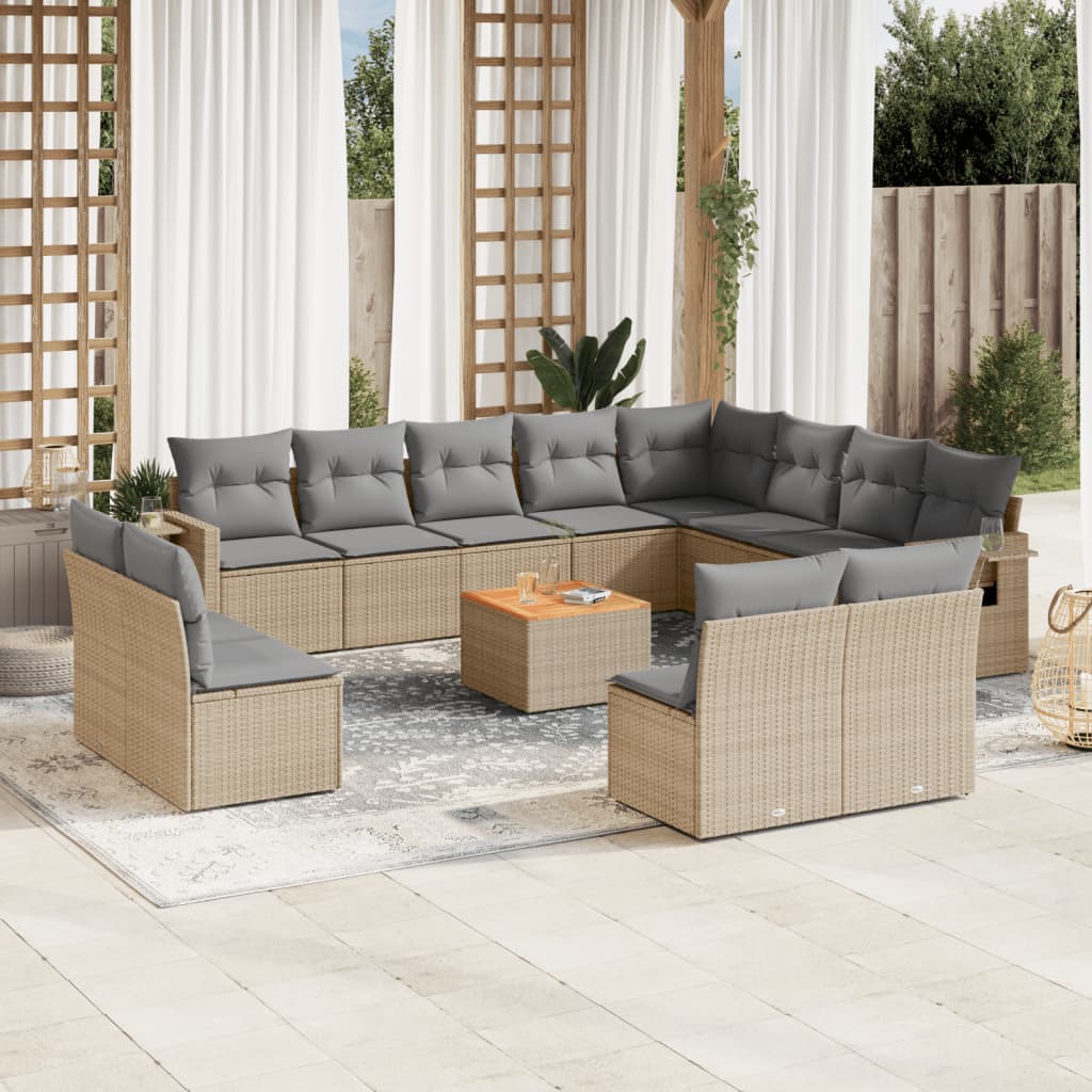 JUNG Vida 13-tlg. Garten-Sofagarnitur mit Kissen Beige Poly Rattan