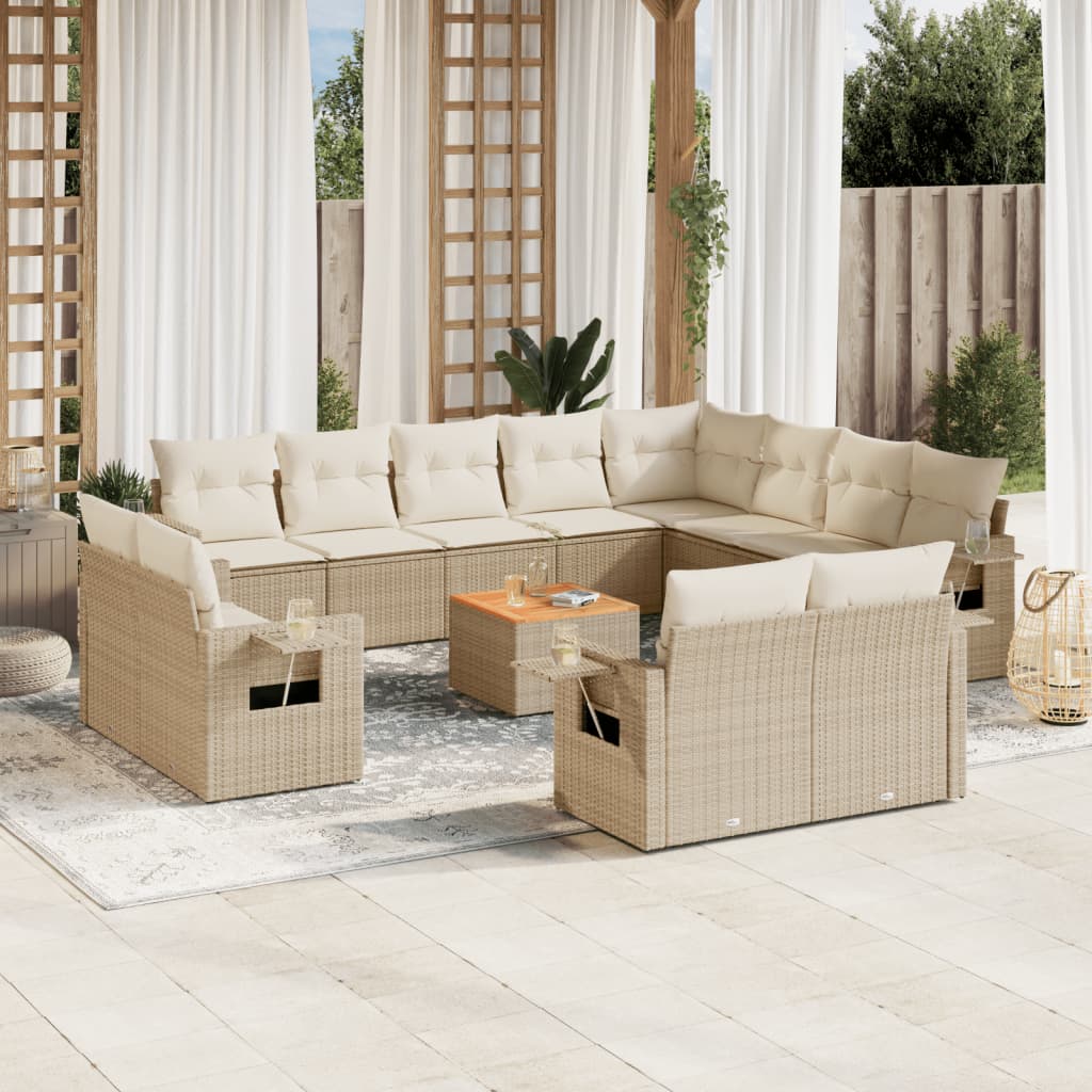 JUNG Vida 13-tlg. Garten-Sofagarnitur mit Kissen Beige Poly Rattan