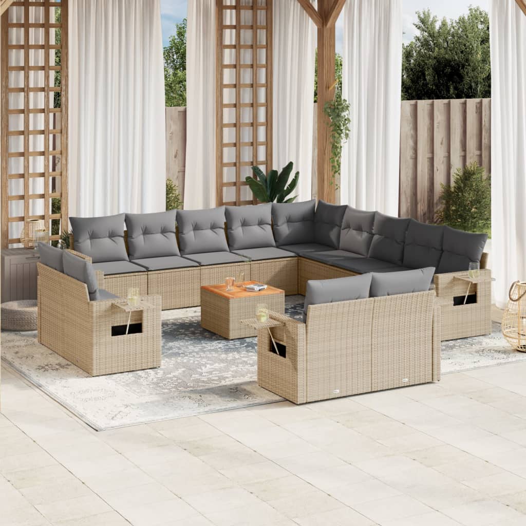 JUNG Vida 14-tlg. Garten-Sofagarnitur mit Kissen Beige Poly Rattan