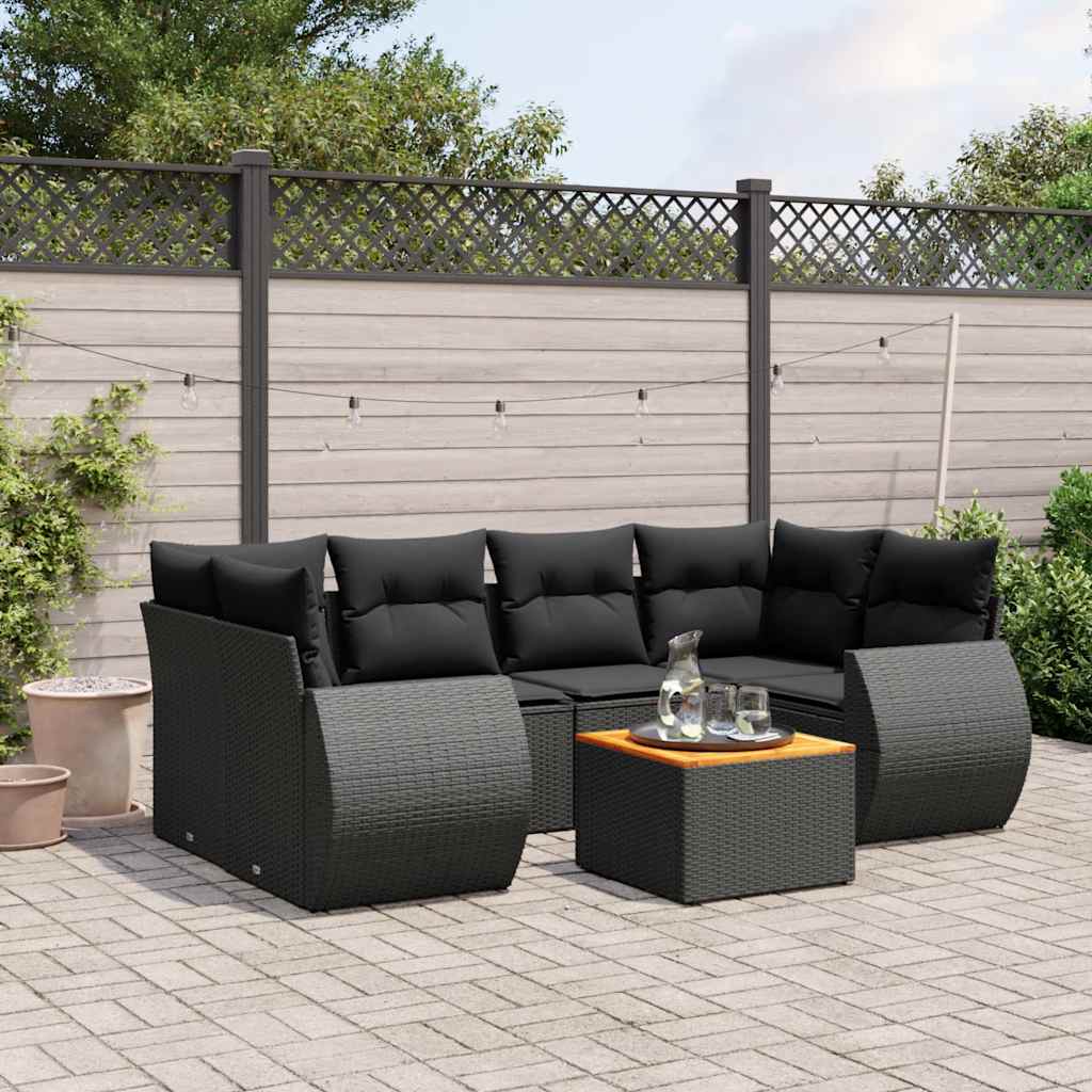 JUNG Vida 7-tlg. Garten-Sofagarnitur mit Kissen Schwarz Poly Rattan