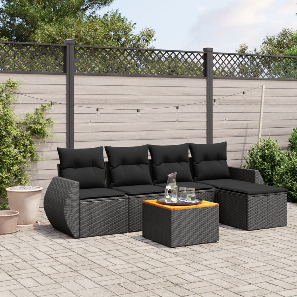 JUNG Vida 6-tlg. Garten-Sofagarnitur mit Kissen Schwarz Poly Rattan
