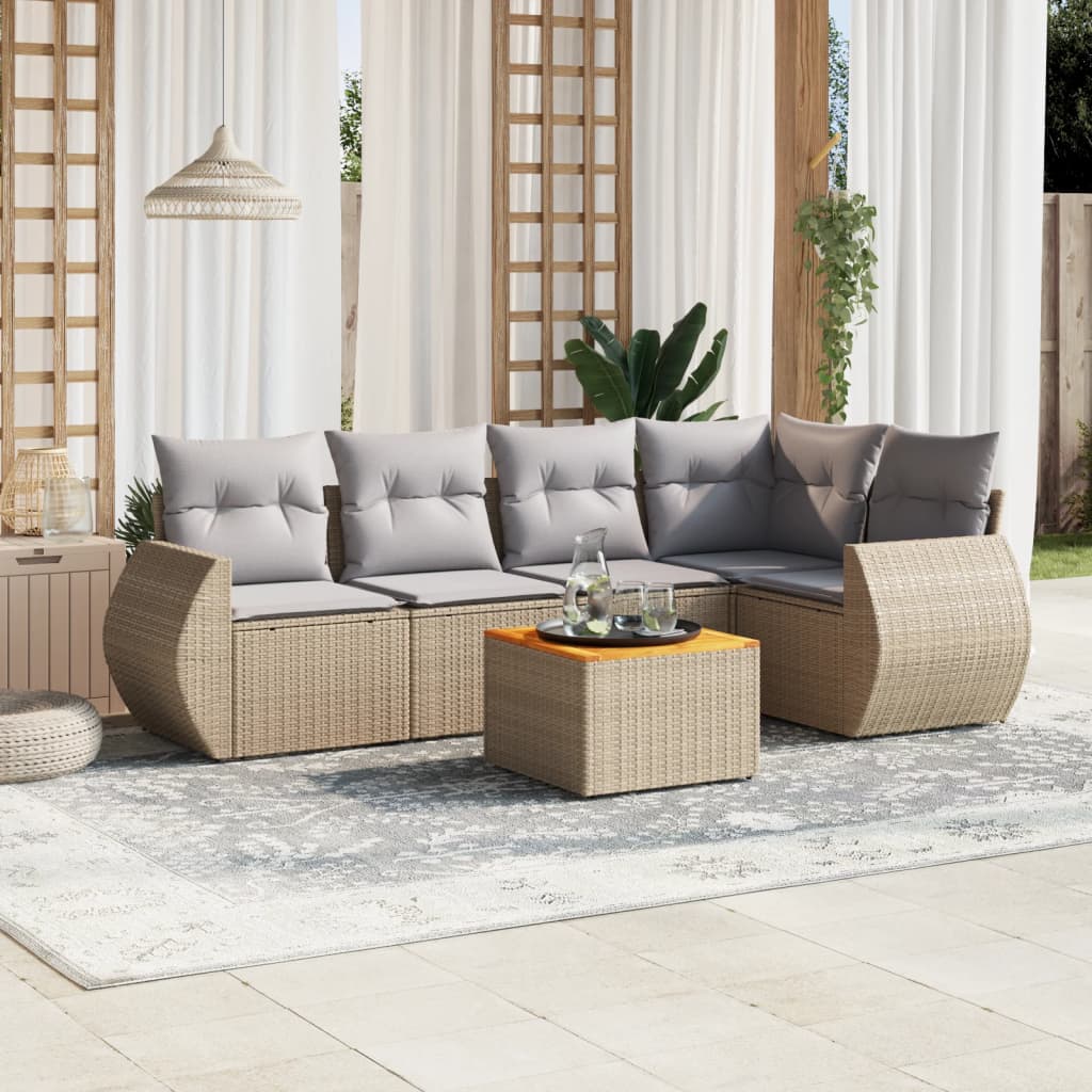 JUNG Vida 6-tlg. Garten-Sofagarnitur mit Kissen Beige Poly Rattan
