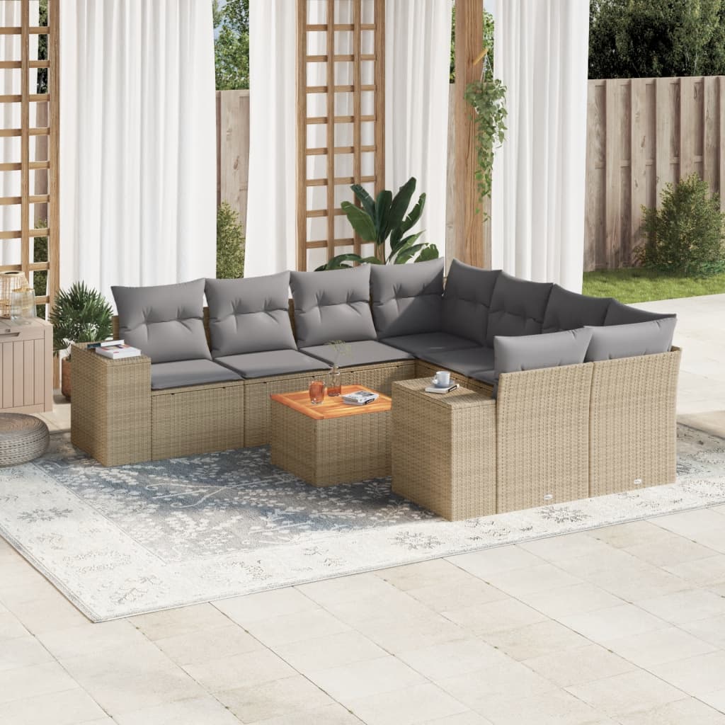 JUNG Vida 9-tlg. Garten-Sofagarnitur mit Kissen Beige Poly Rattan