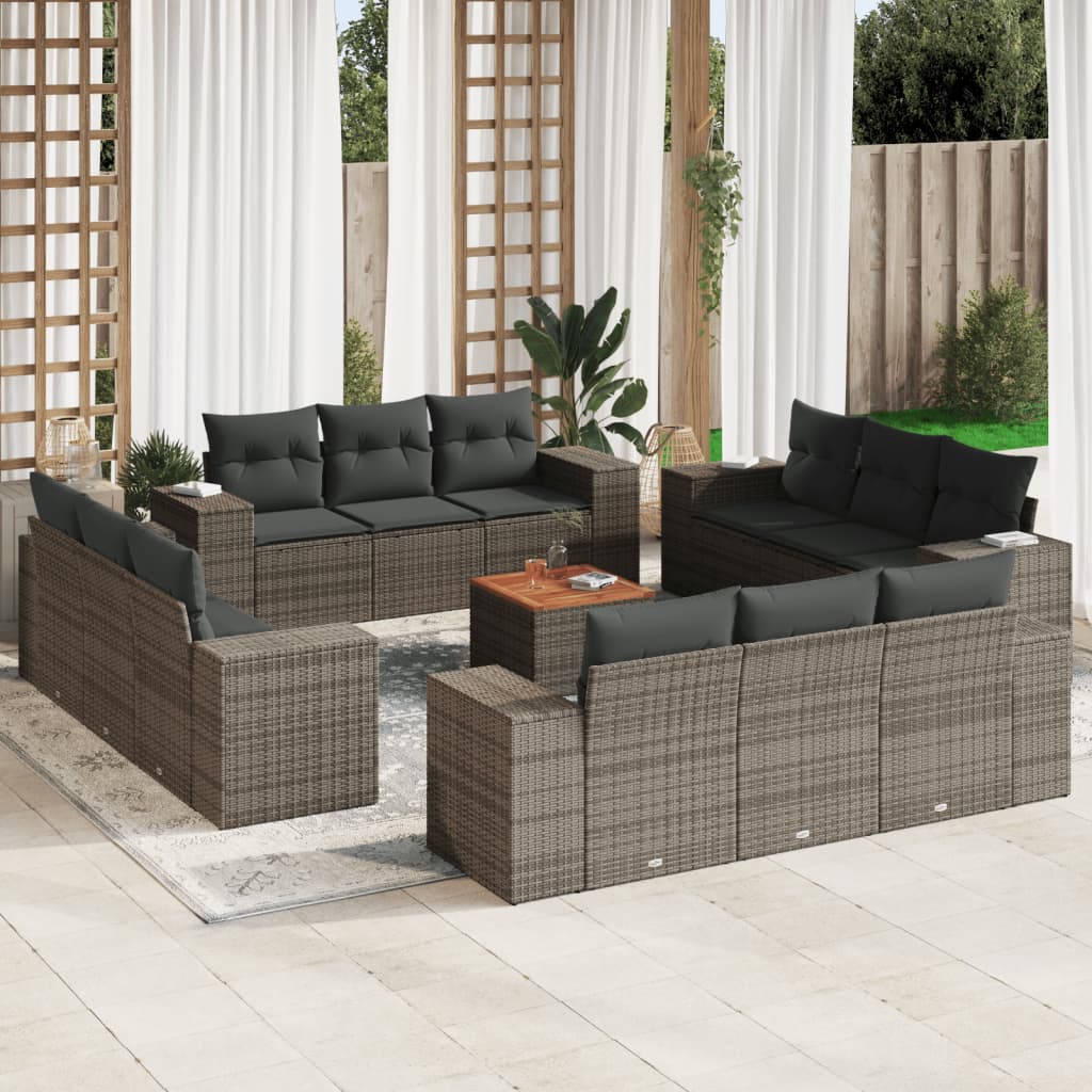 JUNG Vida 13-tlg. Garten-Sofagarnitur mit Kissen Grau Poly Rattan