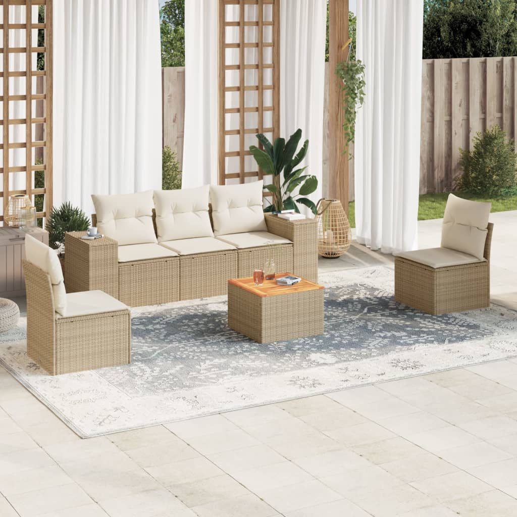 JUNG Vida 6-tlg. Garten-Sofagarnitur mit Kissen Beige Poly Rattan