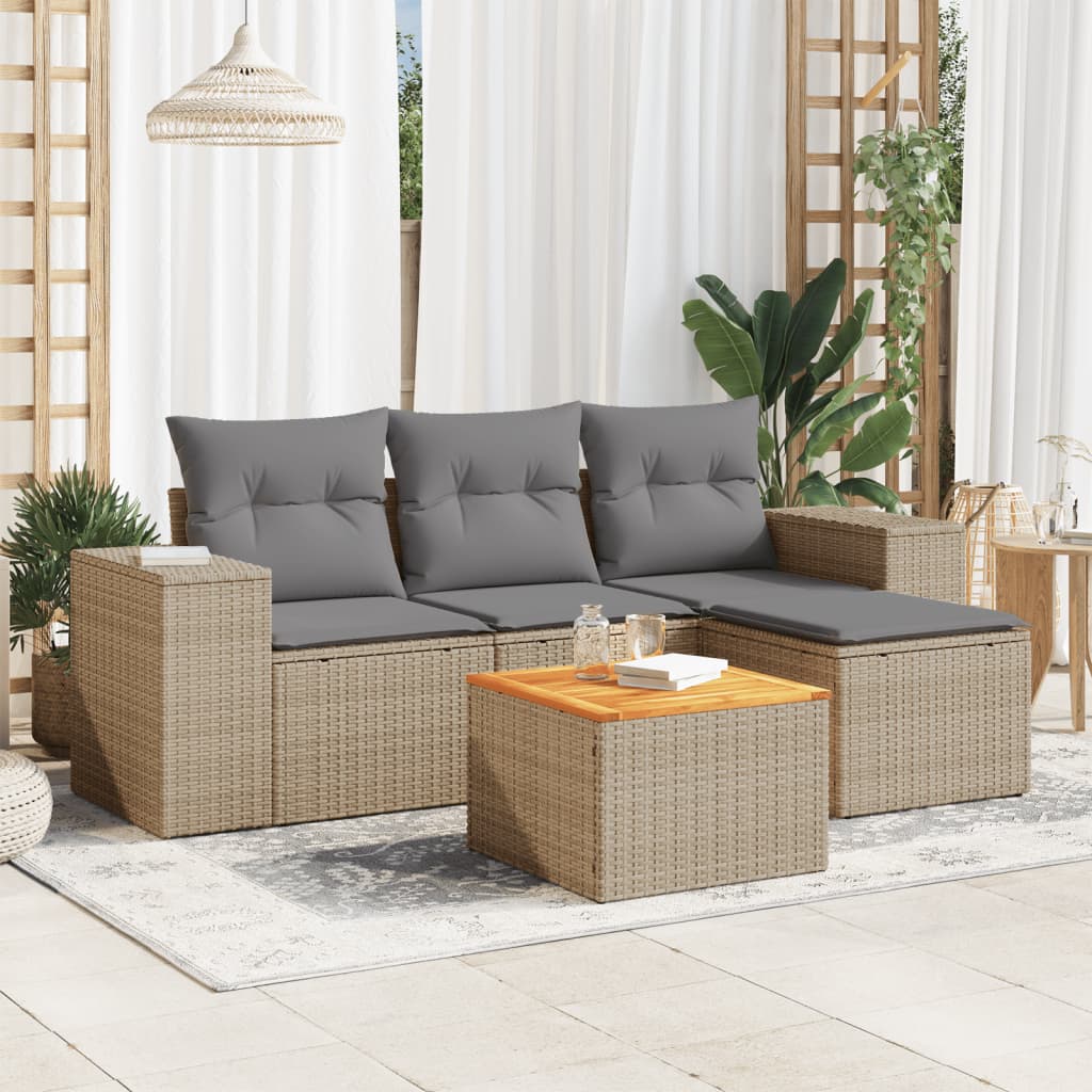 JUNG Vida 5-tlg. Garten-Sofagarnitur mit Kissen Beige Poly Rattan