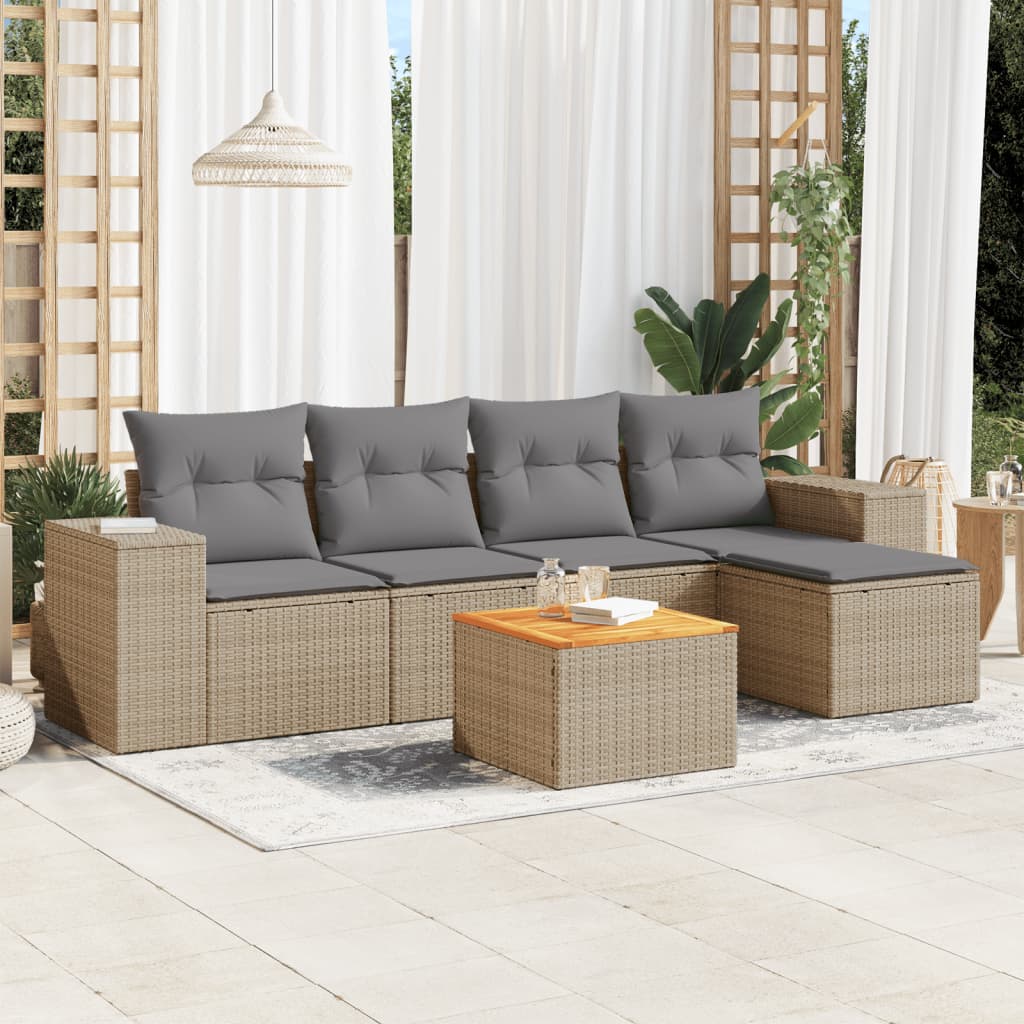 JUNG Vida 6-tlg. Garten-Sofagarnitur mit Kissen Beige Poly Rattan