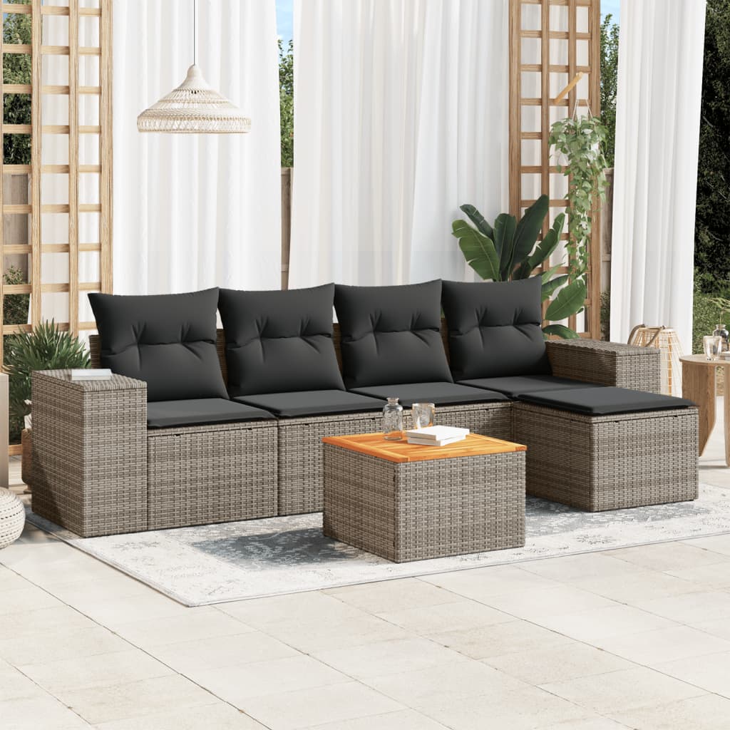 JUNG Vida 6-tlg. Garten-Sofagarnitur mit Kissen Grau Poly Rattan