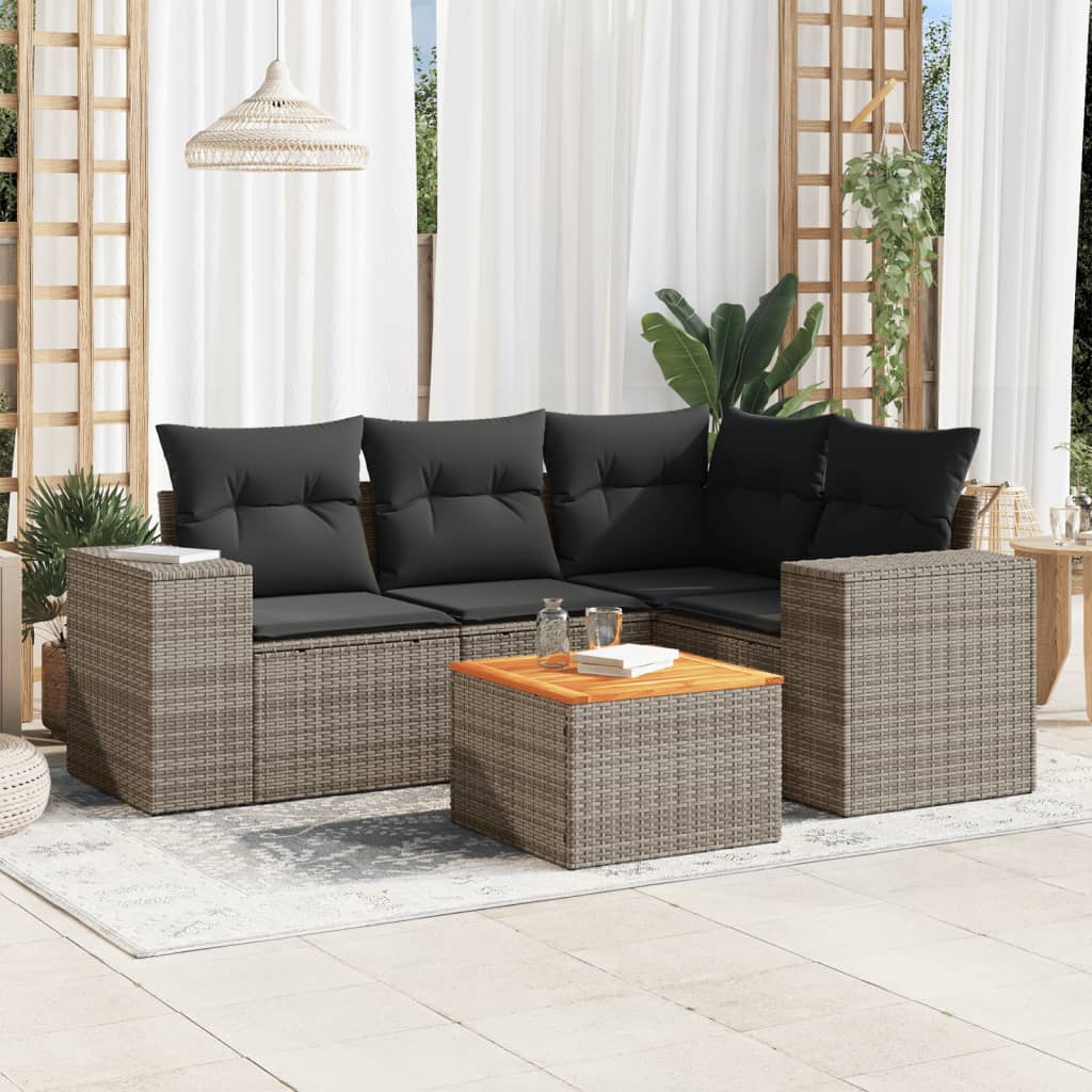 JUNG Vida 5-tlg. Garten-Sofagarnitur mit Kissen Grau Poly Rattan