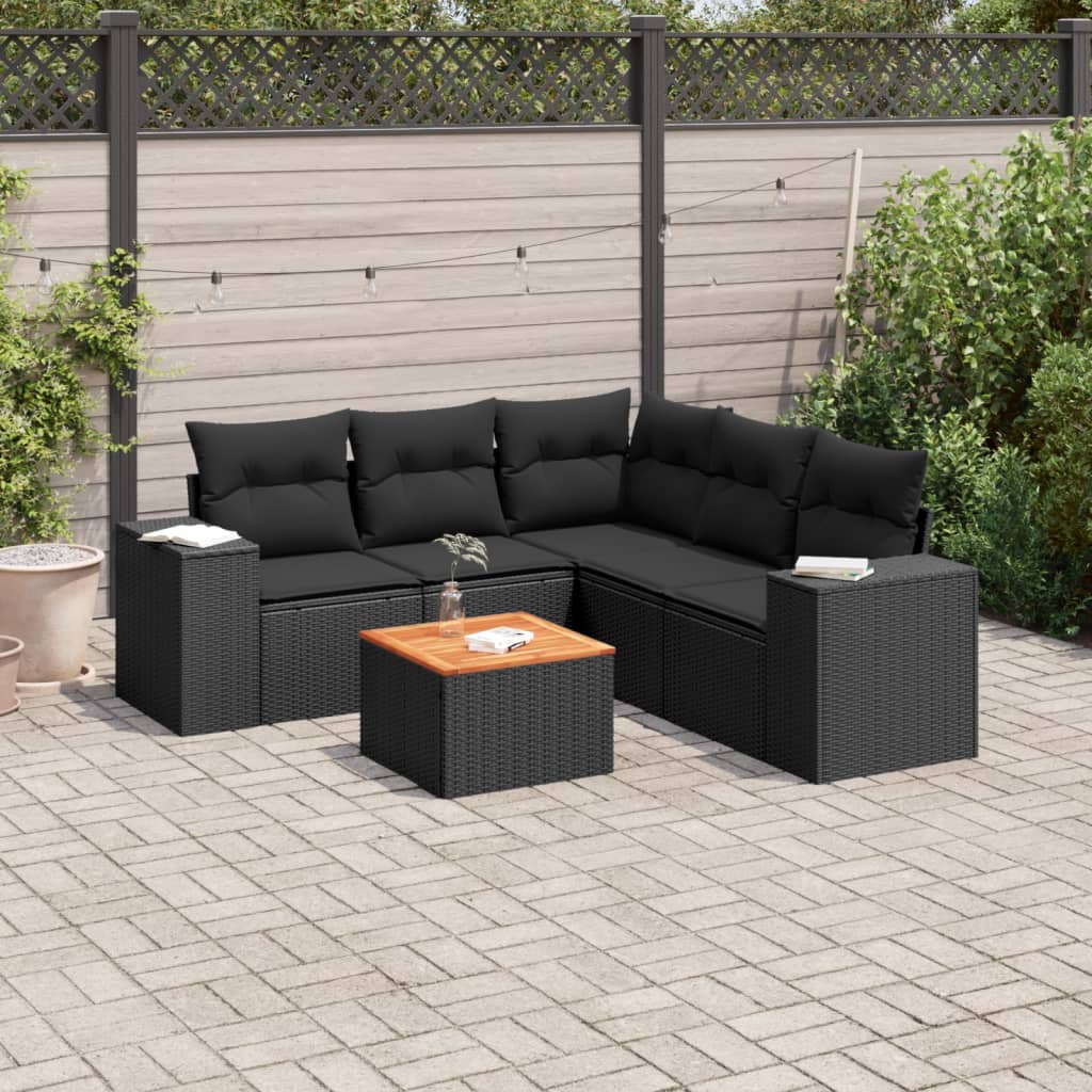 JUNG Vida 6-tlg. Garten-Sofagarnitur mit Kissen Schwarz Poly Rattan