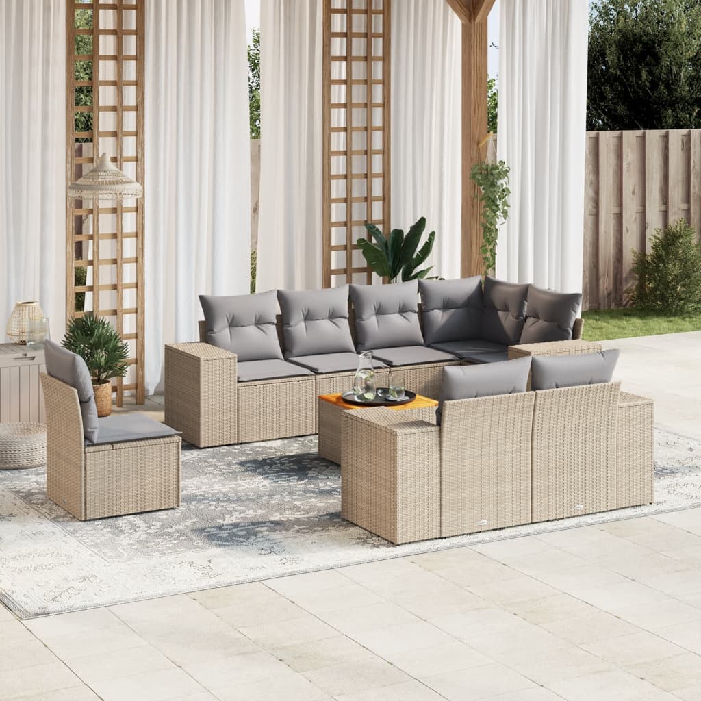 JUNG Vida 9-tlg. Garten-Sofagarnitur mit Kissen Beige Poly Rattan