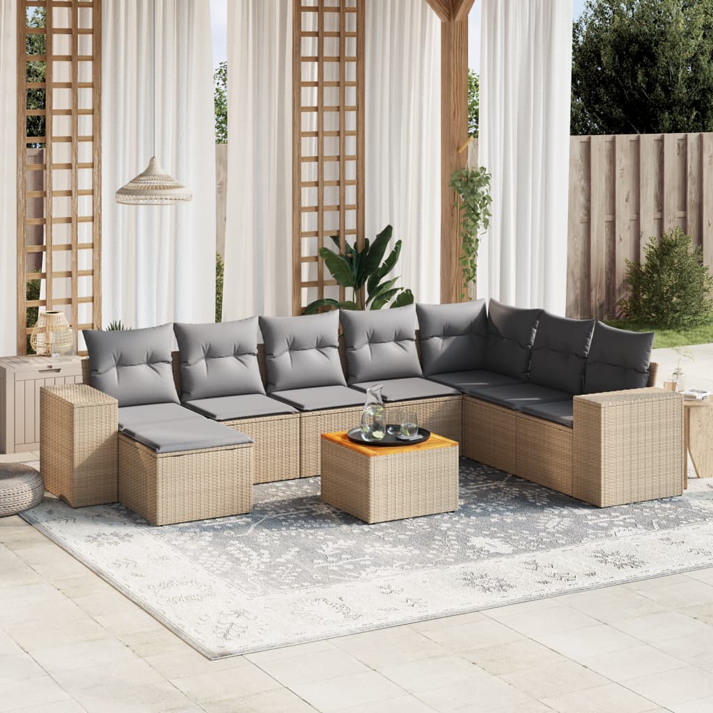 JUNG Vida 9-tlg. Garten-Sofagarnitur mit Kissen Beige Poly Rattan