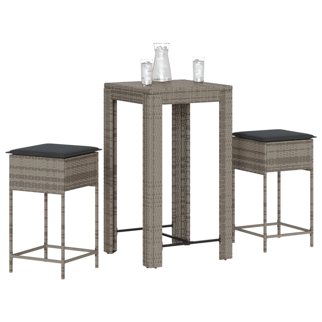 JUNG Vida 3-tlg. Gartenbar-Set mit Kissen Grau Poly Rattan