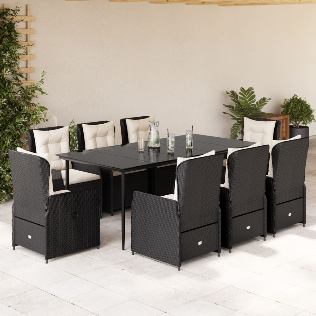 JUNG Vida 9-tlg. Garten-Essgruppe mit Kissen Schwarz Poly Rattan