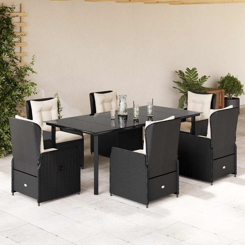 JUNG Vida 7-tlg. Garten-Essgruppe mit Kissen Schwarz Poly Rattan