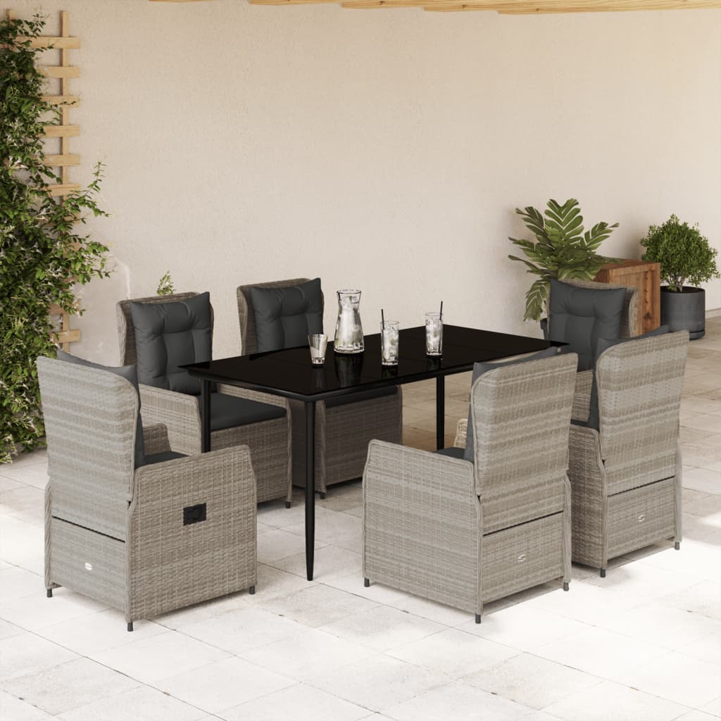 JUNG Vida 7-tlg. Garten-Essgruppe mit Kissen Hellgrau Poly Rattan
