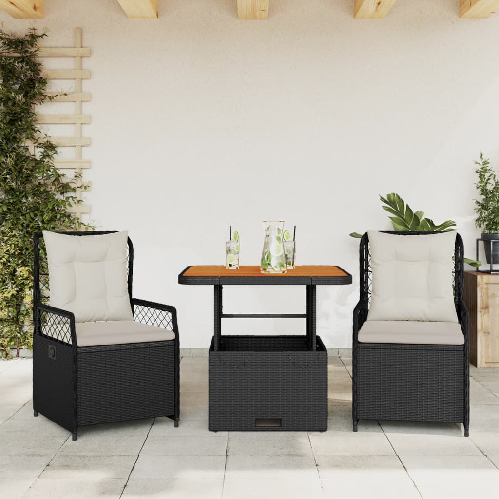 JUNG Vida 3-tlg. Garten-Essgruppe mit Kissen Schwarz Poly Rattan