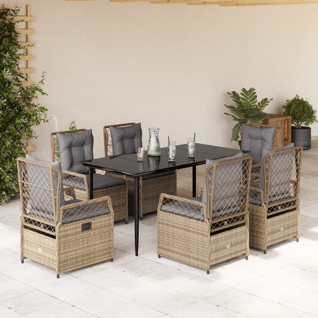 JUNG Vida 7-tlg. Garten-Essgruppe mit Kissen Beige Poly Rattan