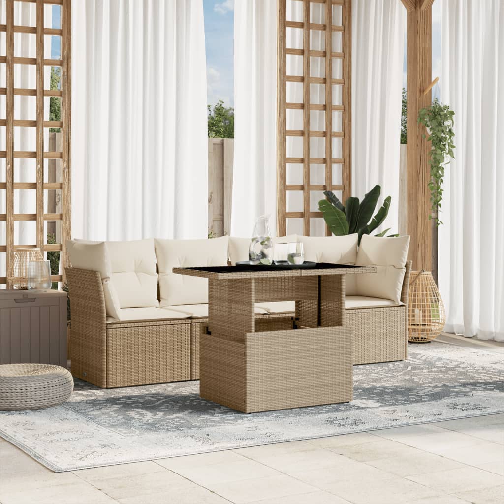 JUNG Vida 5-tlg. Garten-Sofagarnitur mit Kissen Beige Poly Rattan