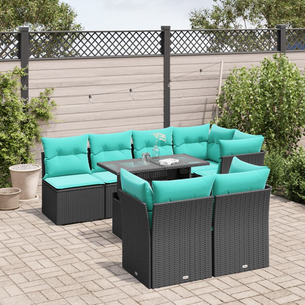 JUNG Vida 8-teiliges Gartensofa-Set mit Kissen, schwarzes Polyrattan