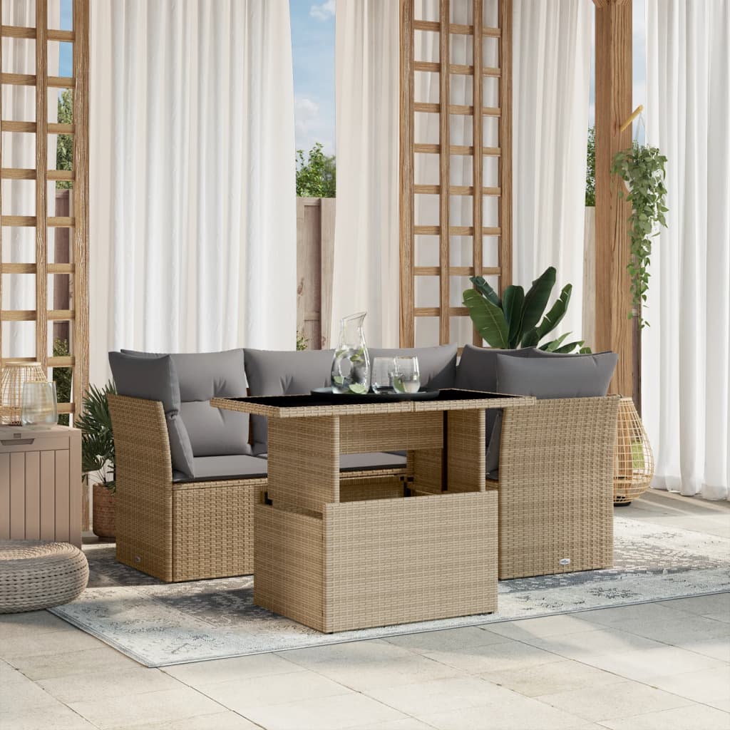 JUNG Vida 5-tlg. Garten-Sofagarnitur mit Kissen Beige Poly Rattan