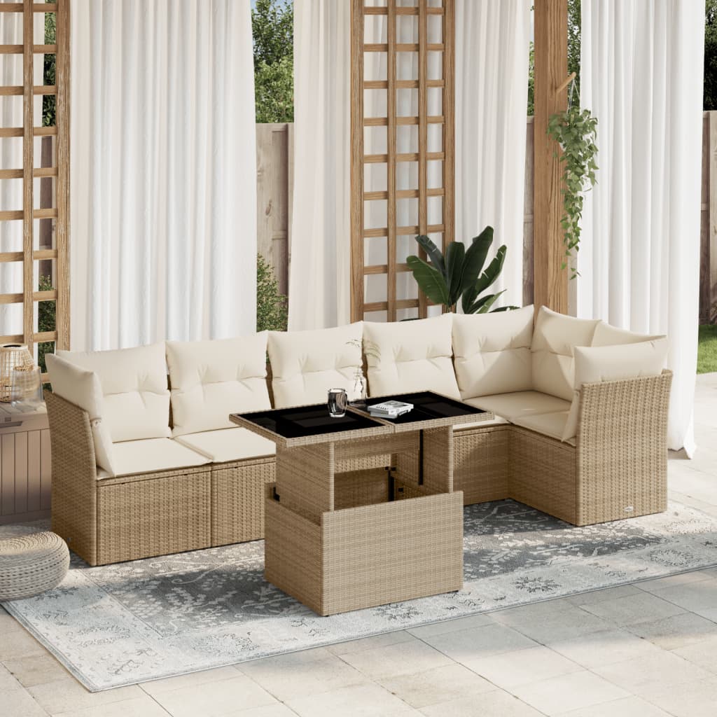JUNG Vida 7-tlg. Garten-Sofagarnitur mit Kissen Beige Poly Rattan