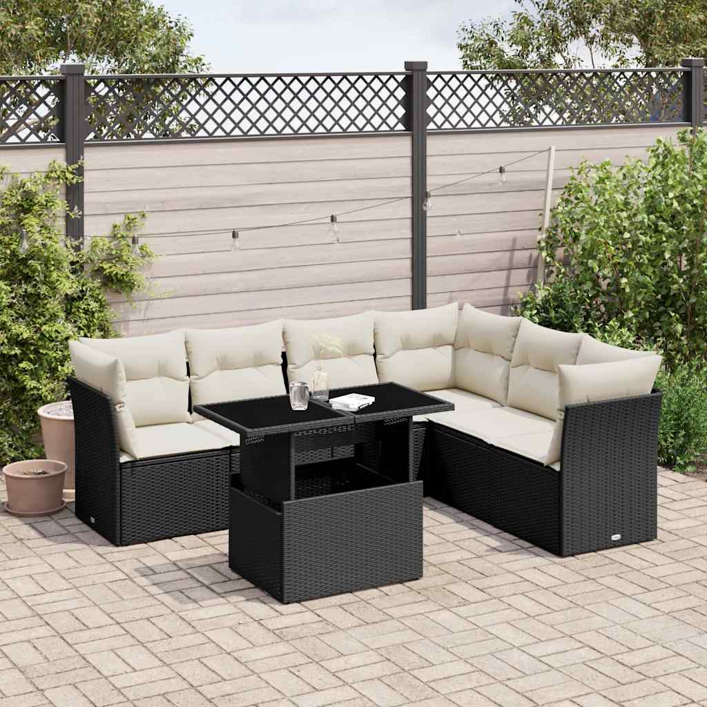 JUNG Vida 7-tlg. Garten-Sofagarnitur mit Kissen Schwarz Poly Rattan